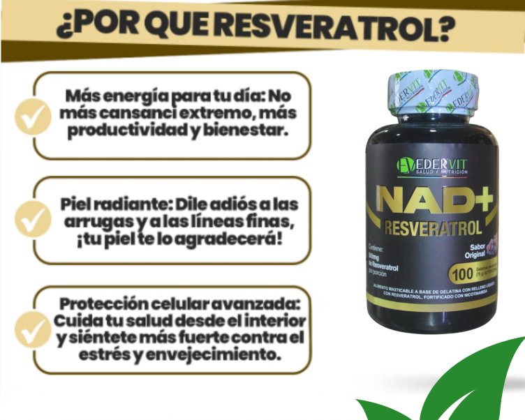 NAD + RESVERATROL – FÓRMULA POTENCIADORA Y REJUVENECEDORA X 100 CÁPSULAS