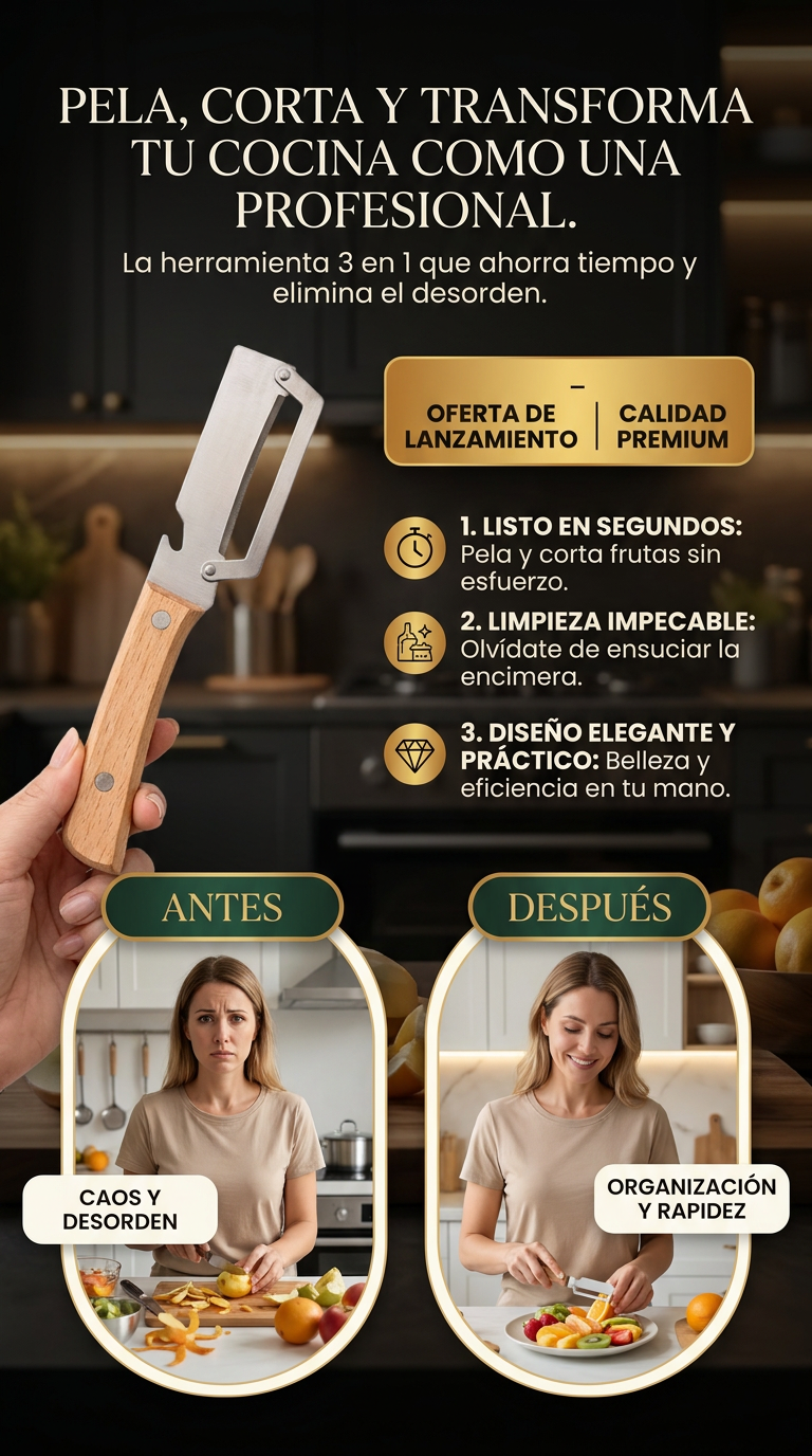 Pelador Multifuncional 3 en 1 con Mango de Madera
