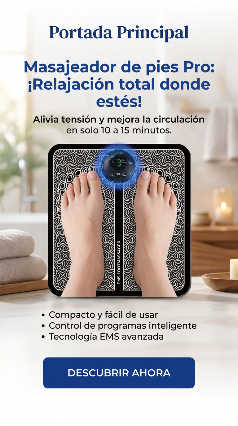 Masajeador de pies Pro: alivia tensión y mejora la circulación. Compacto, fácil de usar y con control de programas. ¡Relajación total donde estés!