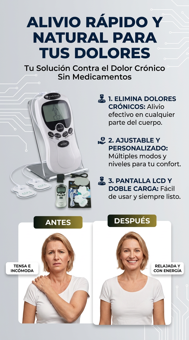 Máquina de electroterapia: alivia dolores y relaja músculos con modos ajustables, pantalla LCD y doble carga.